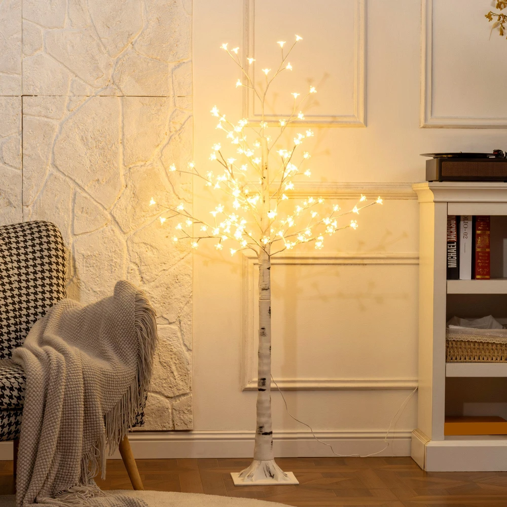 HOMCOM Dirbtinis sakurų medis, su 120 LED, 3 ryškumo lygiais, šiltai balta spalva, imituojanti tikrą žievę, 21 x 21 x 150 cm