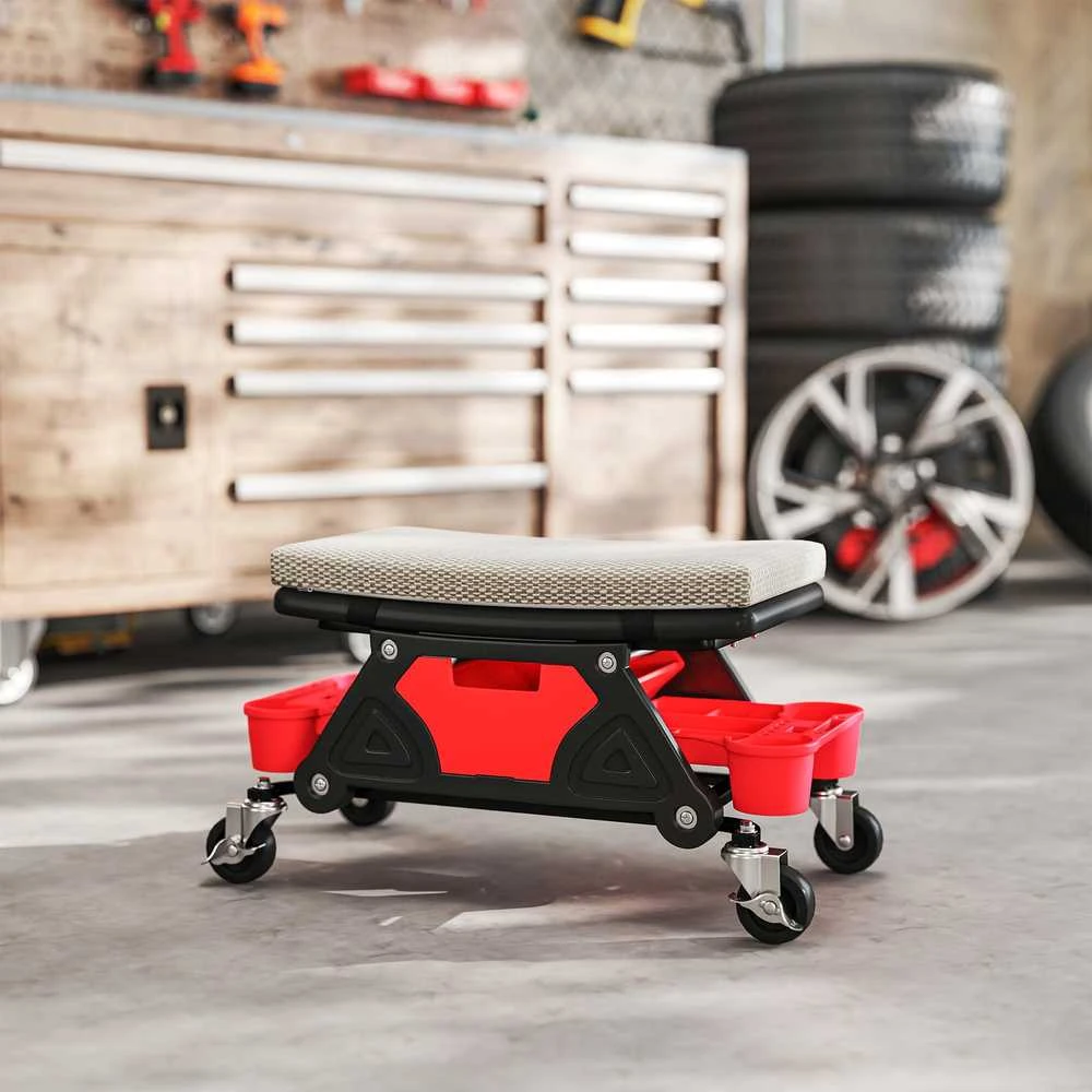 HOMCOM dirbtuvių taburetė su ratukais, lentyna ir stalčiumi, 35 cm aukščio, mobilus sėdynė iki 135 kg, pilka