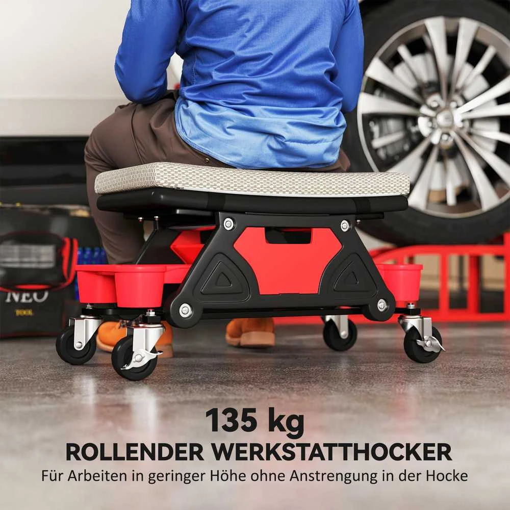 HOMCOM dirbtuvių taburetė su ratukais, lentyna ir stalčiumi, 35 cm aukščio, mobilus sėdynė iki 135 kg, pilka