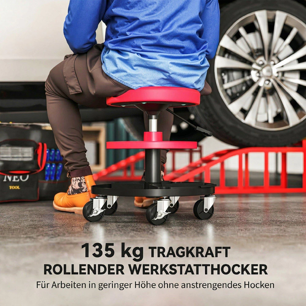 HOMCOM dirbtuvių kėdutė su ratukais ir padėklais, reguliuojamo aukščio 40-51 cm, keliamoji galia iki 135 kg, besisukanti, darbo kėdutė, Ø38 cm, raudona