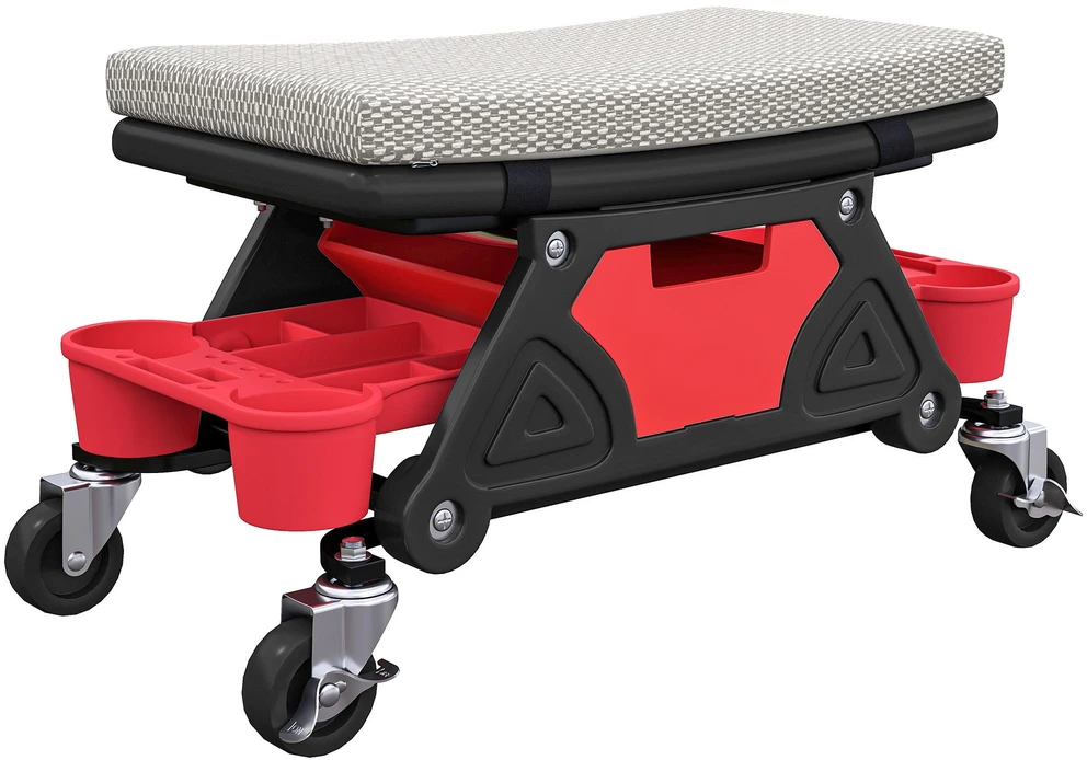 HOMCOM dirbtuvių taburetė su ratukais, lentyna ir stalčiumi, 35 cm aukščio, mobilus sėdynė iki 135 kg, pilka