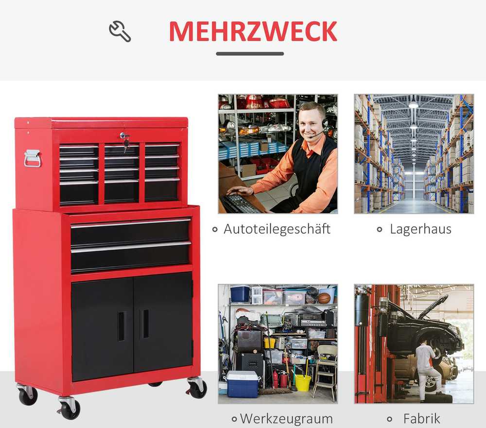 HOMCOM dirbtuvių vežimėlis su įrankių dėže, tuščias, rakinamas, su 6 stalčiais, spintele, neslystančiais kilimėliais, 2 raktais, metalinis, raudonas ir juodas