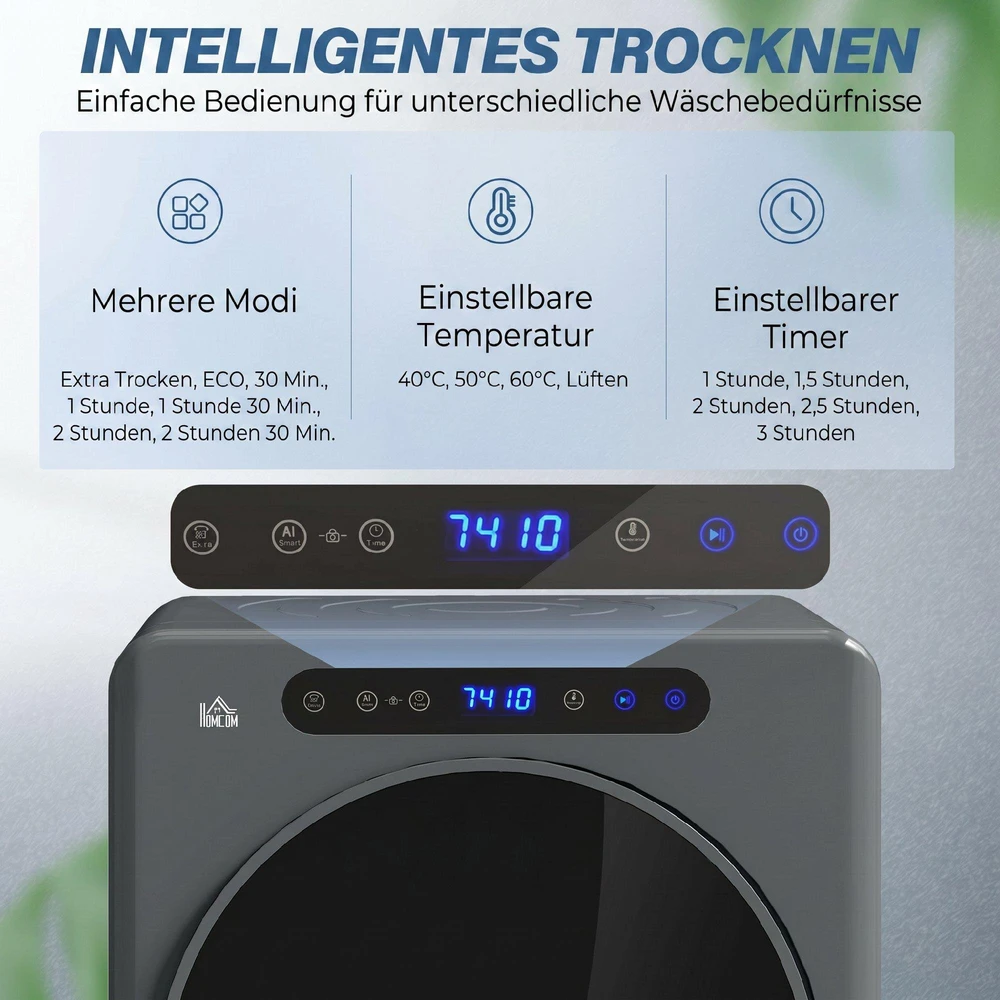 HOMCOM drabužių džiovyklė, 6 programos, 40-60℃, 4kg talpa, kompaktiška, jutiklinis valdymas, pilka