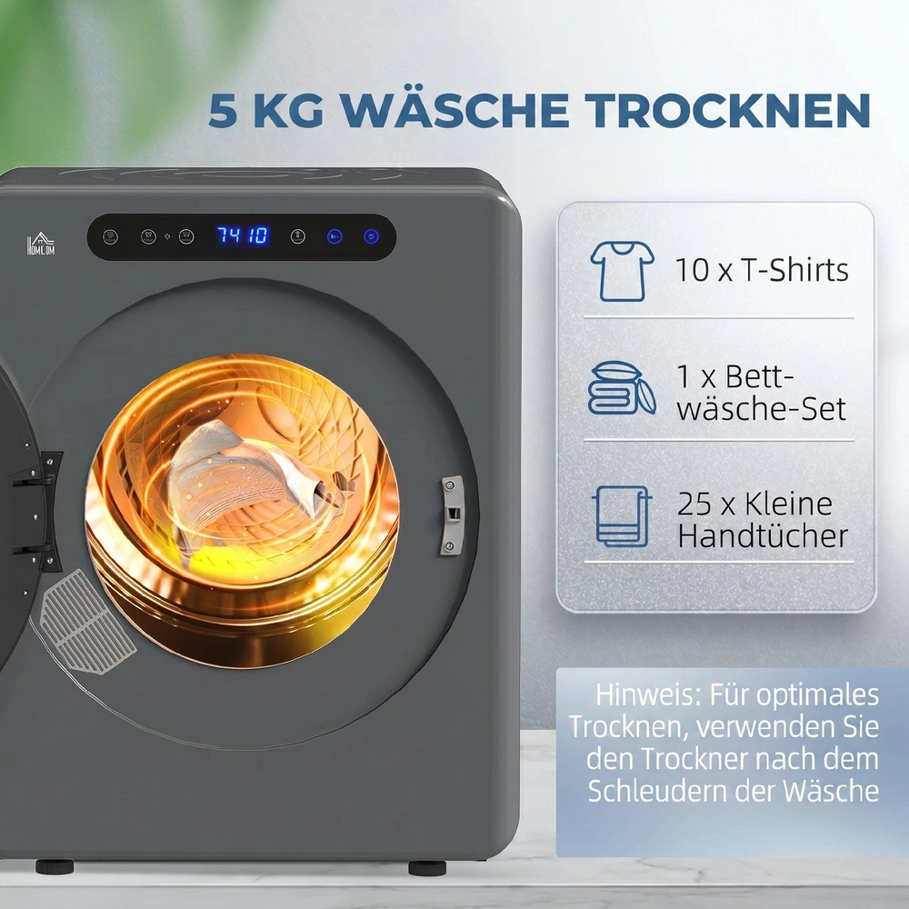 HOMCOM drabužių džiovyklė, 6 programos, 40-60℃, 4kg talpa, kompaktiška, jutiklinis valdymas, pilka