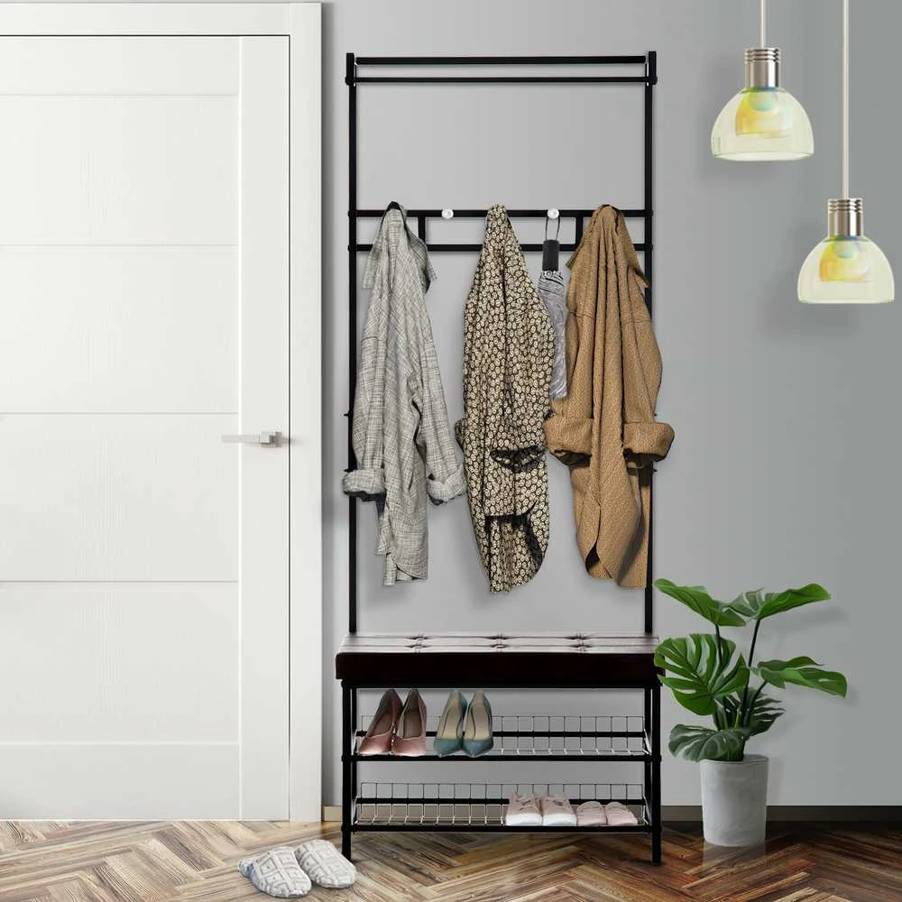 HOMCOM rūbų kabykla su suoliuku, drabužių kabykla ir batų lentyna, metalinė, 2 batų lentynos, sėdimoji vieta, 72,5x35x180 cm