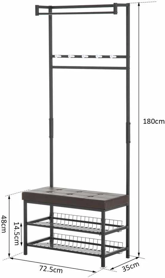 HOMCOM rūbų kabykla su suoliuku, drabužių kabykla ir batų lentyna, metalinė, 2 batų lentynos, sėdimoji vieta, 72,5x35x180 cm