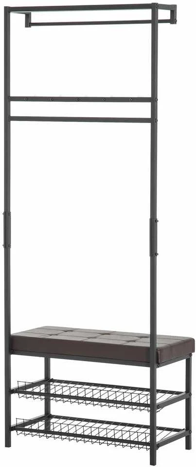 HOMCOM rūbų kabykla su suoliuku, drabužių kabykla ir batų lentyna, metalinė, 2 batų lentynos, sėdimoji vieta, 72,5x35x180 cm