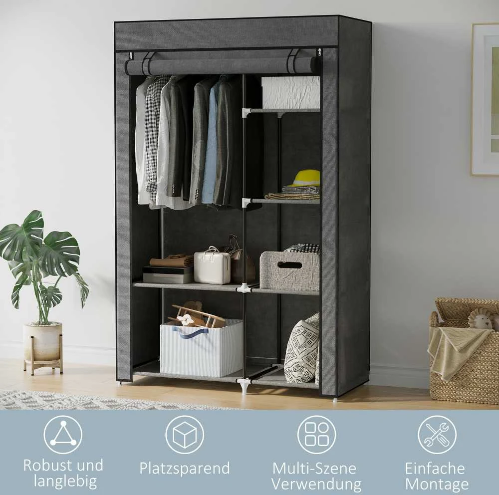 HOMCOM medžiaginė spinta drabužiams su kabykla, 6 skyriai, sulankstoma neaustinės medžiagos spinta, spinta miegamajam, prieškambariui, tamsiai pilka, 103 x 43 x 162,5 cm