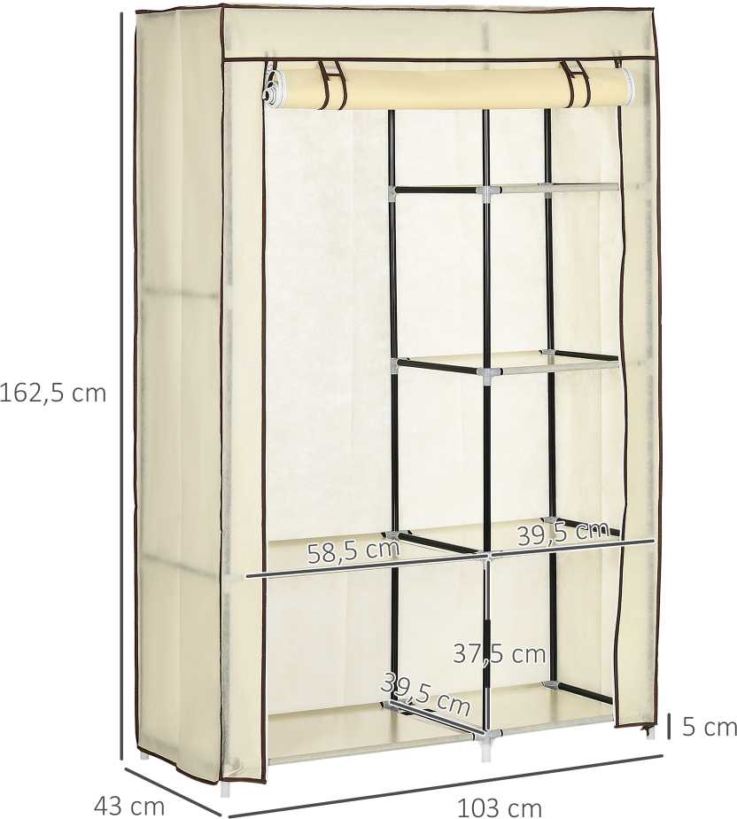 HOMCOM medžiaginė spinta drabužiams, 2 drabužių kabyklos, 6 skyriai, kreminė, sulankstoma garderobo spinta miegamajam ir koridoriui