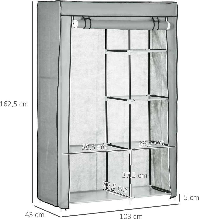 HOMCOM audinio drabužių spinta, 6 skyriai, pilka, 103x43x162,5 cm, sulankstoma neaustinės medžiagos garderobinė spinta