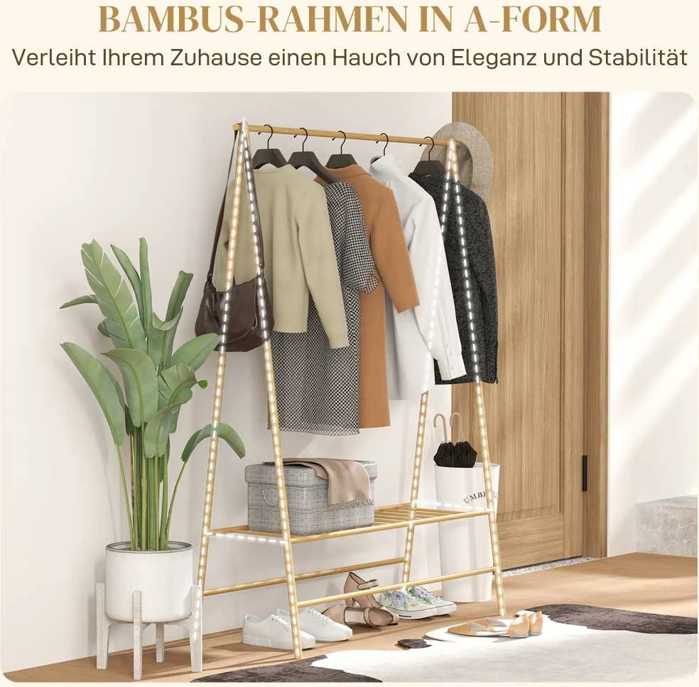 HOMCOM bambukinis drabužių stovas, kabykla su lentynomis ir kabliukais, drabužių kabykla su skersiniu, skirta koridoriui, svetainei, miegamajam, 116 x 43,5 x 160 cm, natūralaus medžio spalvos
