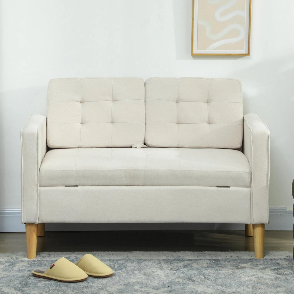 HOMCOM dvivietė sofa su daiktadėže, sagomis puošta, pagalvėlės, kaučiukmedis, 117x62x78 cm, kreminė balta