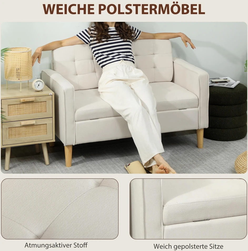 HOMCOM dvivietė sofa su daiktadėže, sagomis puošta, pagalvėlės, kaučiukmedis, 117x62x78 cm, kreminė balta
