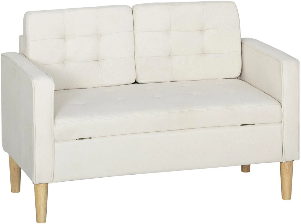 HOMCOM dvivietė sofa su daiktadėže, sagomis puošta, pagalvėlės, kaučiukmedis, 117x62x78 cm, kreminė balta