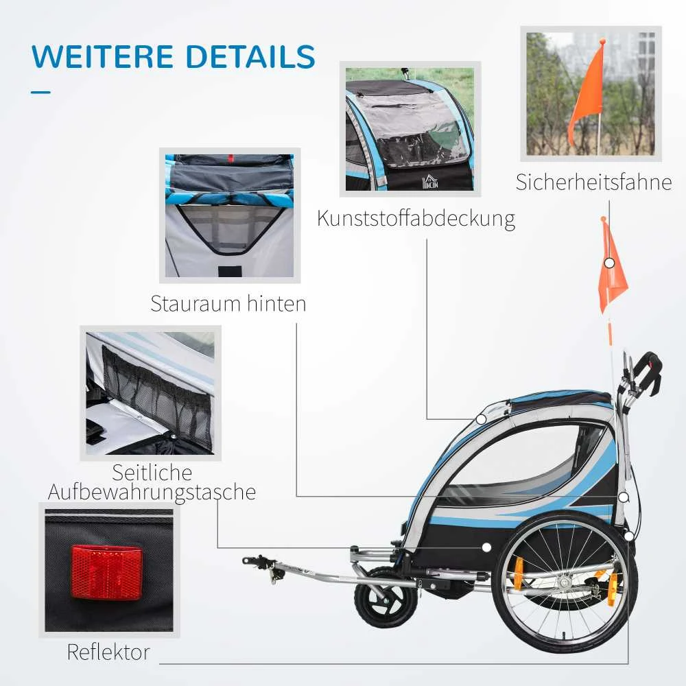 HOMCOM dviračio priekaba 2 viename, vaikiškas vežimėlis, besisukantis 360°, plienas, Oksfordo audinys, mėlyna ir juoda