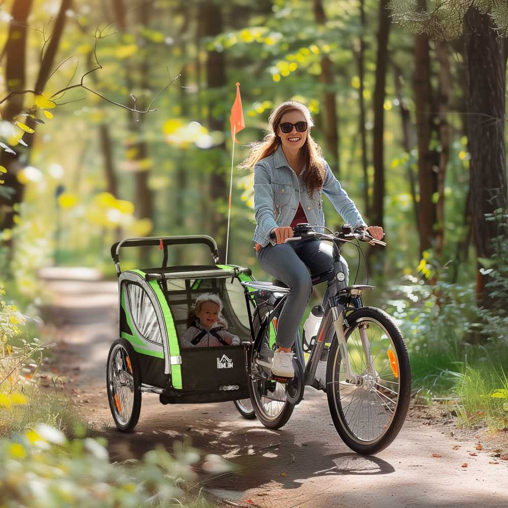 HOMCOM 2-in-1 vaikiška priekaba, dviračio priekaba su 5 taškų saugos diržais, besisukanti 360° kampu, su vėliavėle, skirta ne daugiau kaip dviem vaikams nuo 1,5 metų