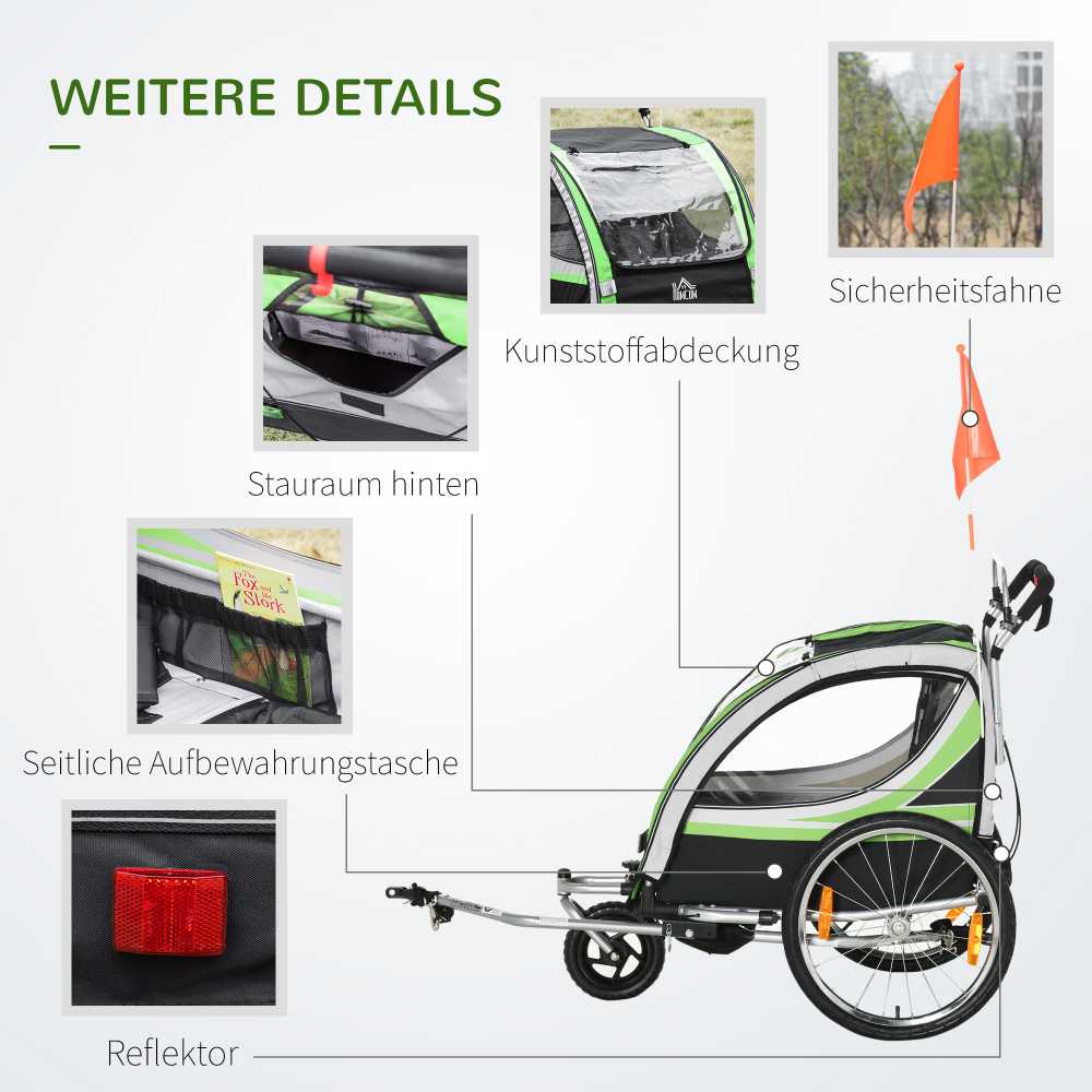 HOMCOM 2-in-1 vaikiška priekaba, dviračio priekaba su 5 taškų saugos diržais, besisukanti 360° kampu, su vėliavėle, skirta ne daugiau kaip dviem vaikams nuo 1,5 metų