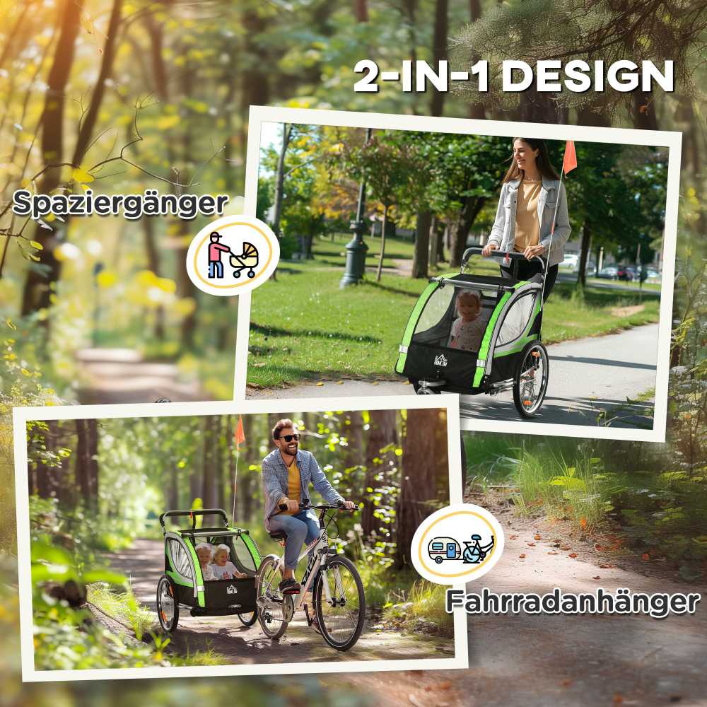 HOMCOM 2-in-1 vaikiška priekaba, dviračio priekaba su 5 taškų saugos diržais, besisukanti 360° kampu, su vėliavėle, skirta ne daugiau kaip dviem vaikams nuo 1,5 metų