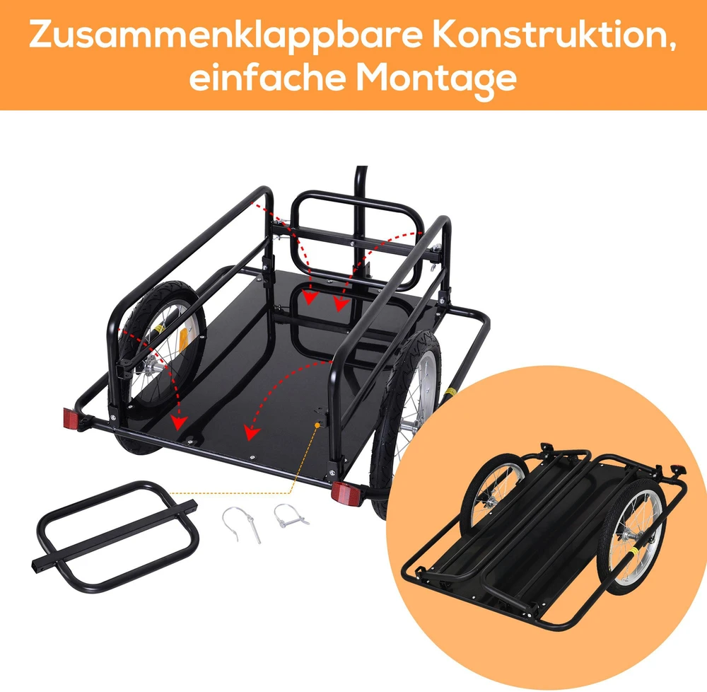 HOMCOM dviračio priekaba, krovininė priekaba, 40 kg keliamoji galia, transportavimo priekaba su sulankstoma jungtimi, juoda, 155x71,5x77 cm