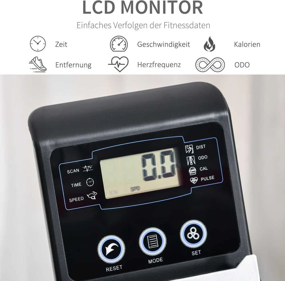 HOMCOM horizontalus dviratis treniruoklis su LCD ekranu, 8 lygių reguliuojamu magnetiniu pasipriešinimu, naudotojo svoris iki 110 kg, metalas, ABS, 136x62,5x38 cm