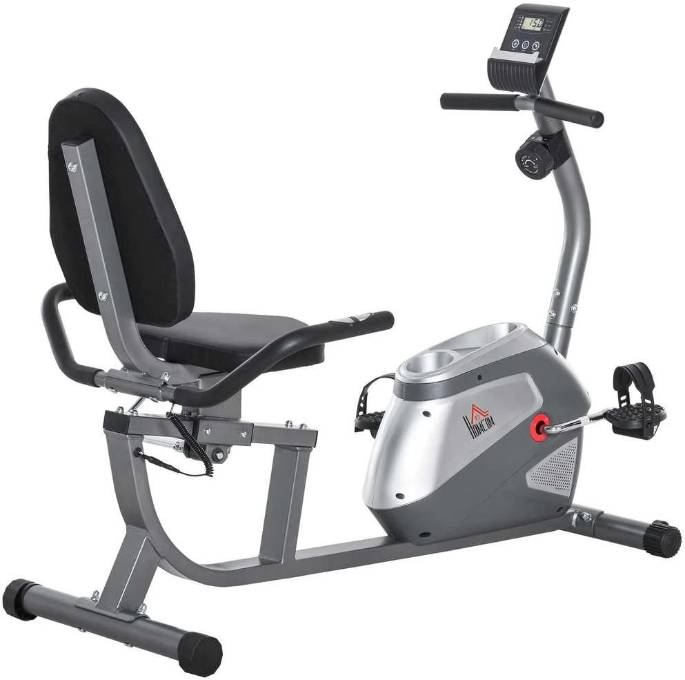 HOMCOM horizontalus dviratis treniruoklis su LCD ekranu, 8 lygių reguliuojamu magnetiniu pasipriešinimu, naudotojo svoris iki 110 kg, metalas, ABS, 136x62,5x38 cm