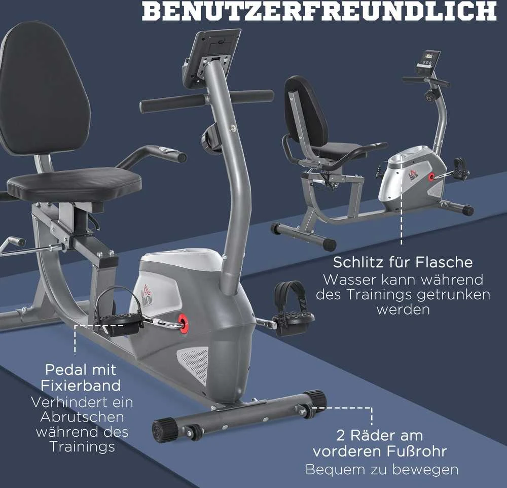 HOMCOM horizontalus dviratis treniruoklis su LCD ekranu, 8 lygių reguliuojamu magnetiniu pasipriešinimu, naudotojo svoris iki 110 kg, metalas, ABS, 136x62,5x38 cm
