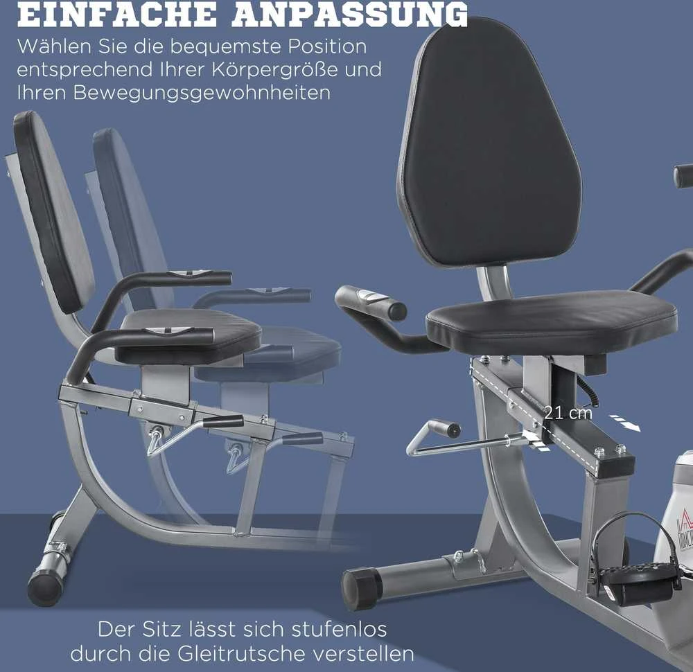 HOMCOM horizontalus dviratis treniruoklis su LCD ekranu, 8 lygių reguliuojamu magnetiniu pasipriešinimu, naudotojo svoris iki 110 kg, metalas, ABS, 136x62,5x38 cm