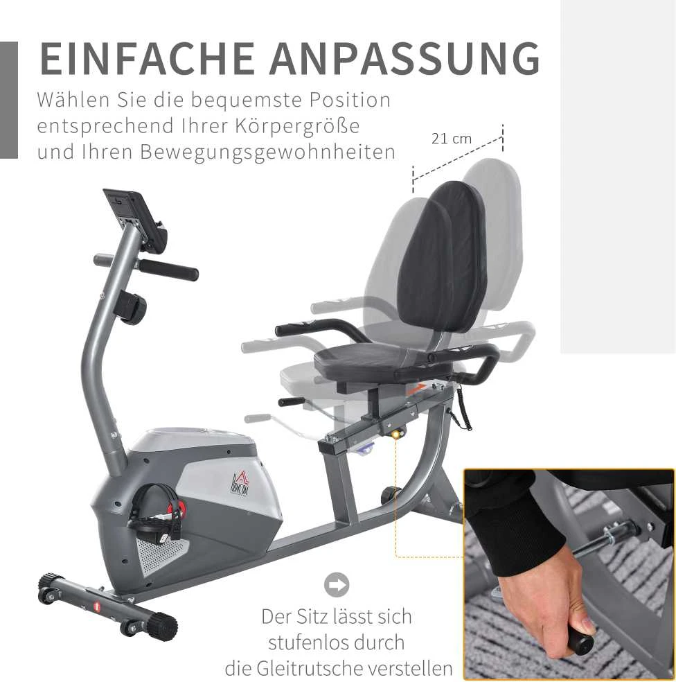 HOMCOM horizontalus dviratis treniruoklis su LCD ekranu, 8 lygių reguliuojamu magnetiniu pasipriešinimu, naudotojo svoris iki 110 kg, metalas, ABS, 136x62,5x38 cm
