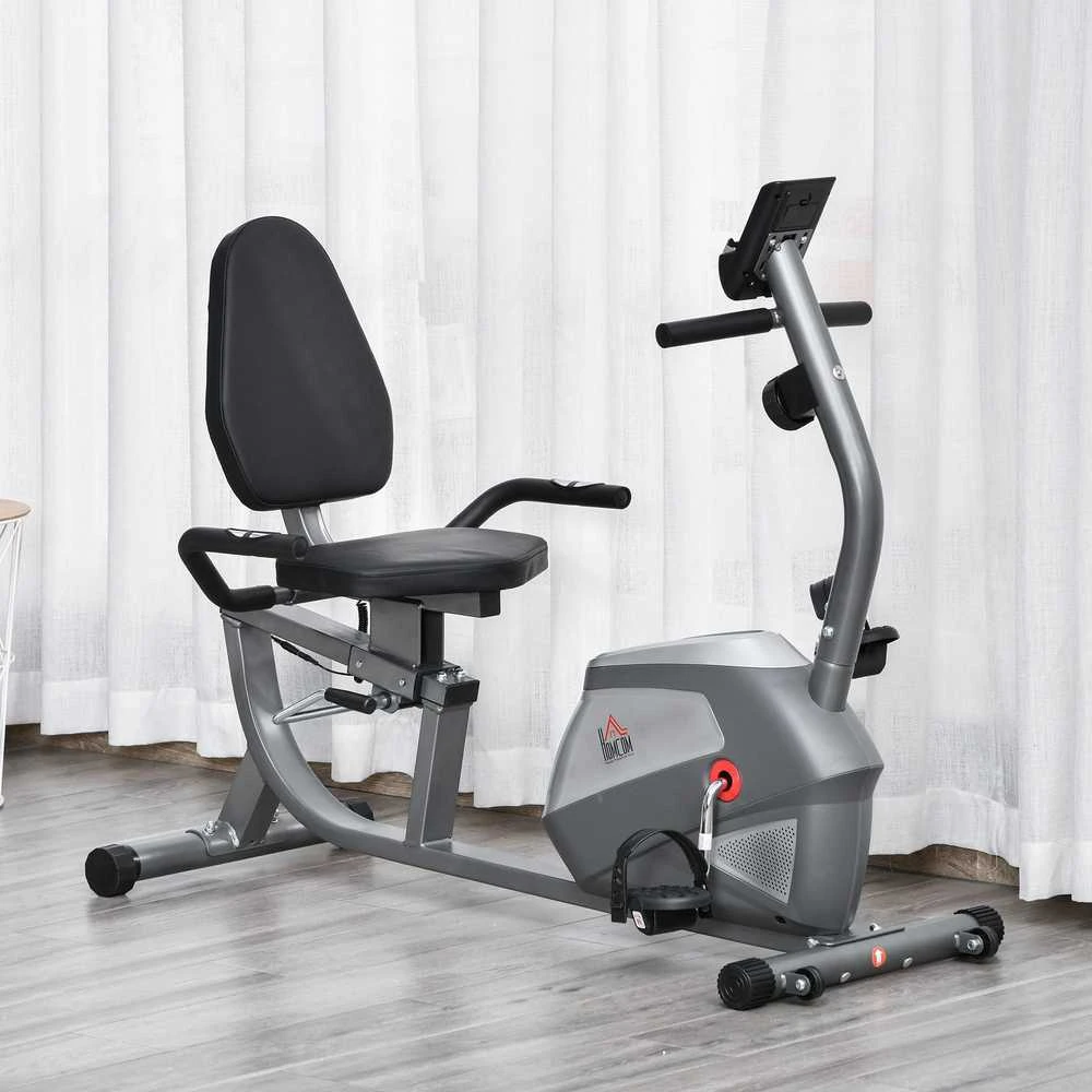 HOMCOM horizontalus dviratis treniruoklis su LCD ekranu, 8 lygių reguliuojamu magnetiniu pasipriešinimu, naudotojo svoris iki 110 kg, metalas, ABS, 136x62,5x38 cm