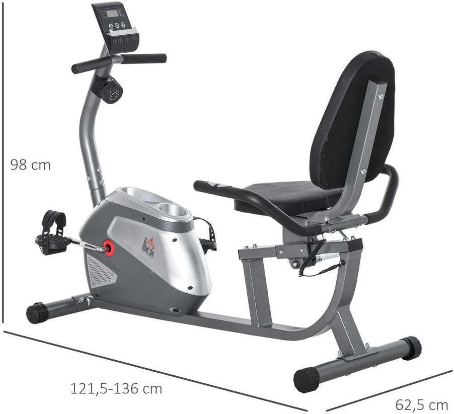 HOMCOM horizontalus dviratis treniruoklis su LCD ekranu, 8 lygių reguliuojamu magnetiniu pasipriešinimu, naudotojo svoris iki 110 kg, metalas, ABS, 136x62,5x38 cm