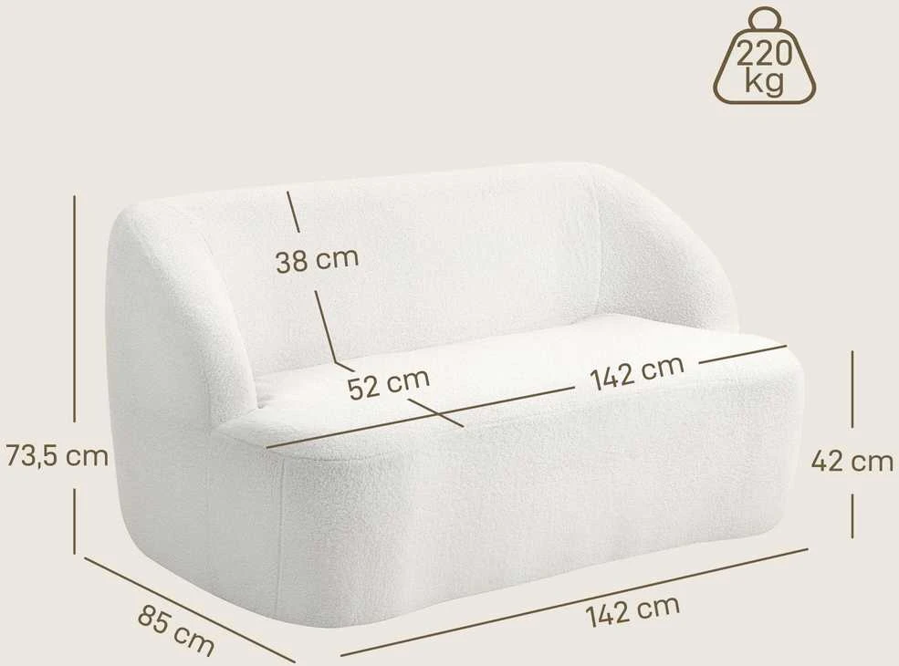 HOMCOM dvivietė sofa, išlenkto dizaino, paminkštinta sofa su fliso apmušalu, svetainei, miegamajam, namų biurui, kreminė balta