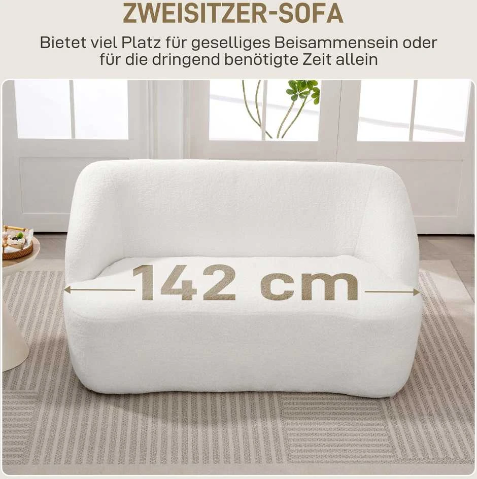 HOMCOM dvivietė sofa, išlenkto dizaino, paminkštinta sofa su fliso apmušalu, svetainei, miegamajam, namų biurui, kreminė balta