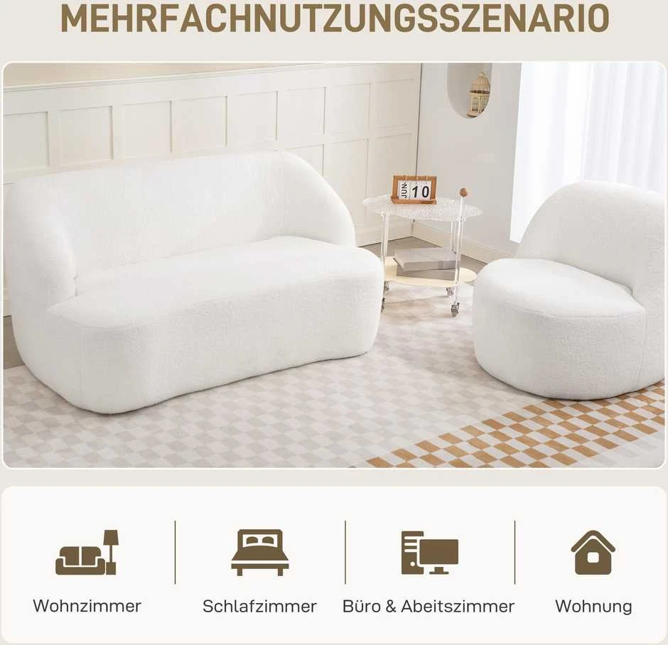 HOMCOM dvivietė sofa, išlenkto dizaino, paminkštinta sofa su fliso apmušalu, svetainei, miegamajam, namų biurui, kreminė balta
