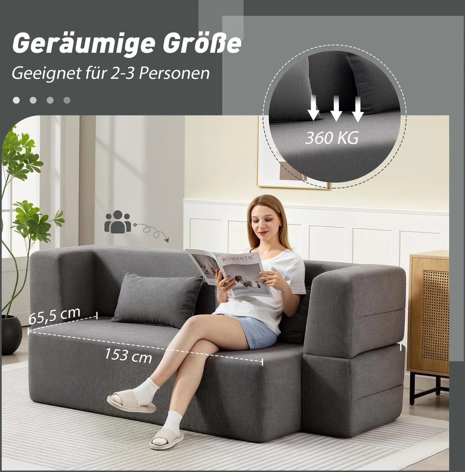 HOMCOM dvivietė porolono sofos lova, sofa-lova su plačiais porankiais, 2 pagalvės, 360 kg keliamoji galia, pilka