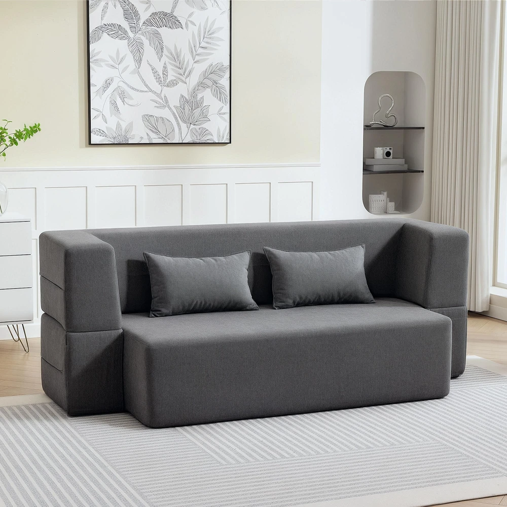 HOMCOM dvivietė porolono sofos lova, sofa-lova su plačiais porankiais, 2 pagalvės, 360 kg keliamoji galia, pilka