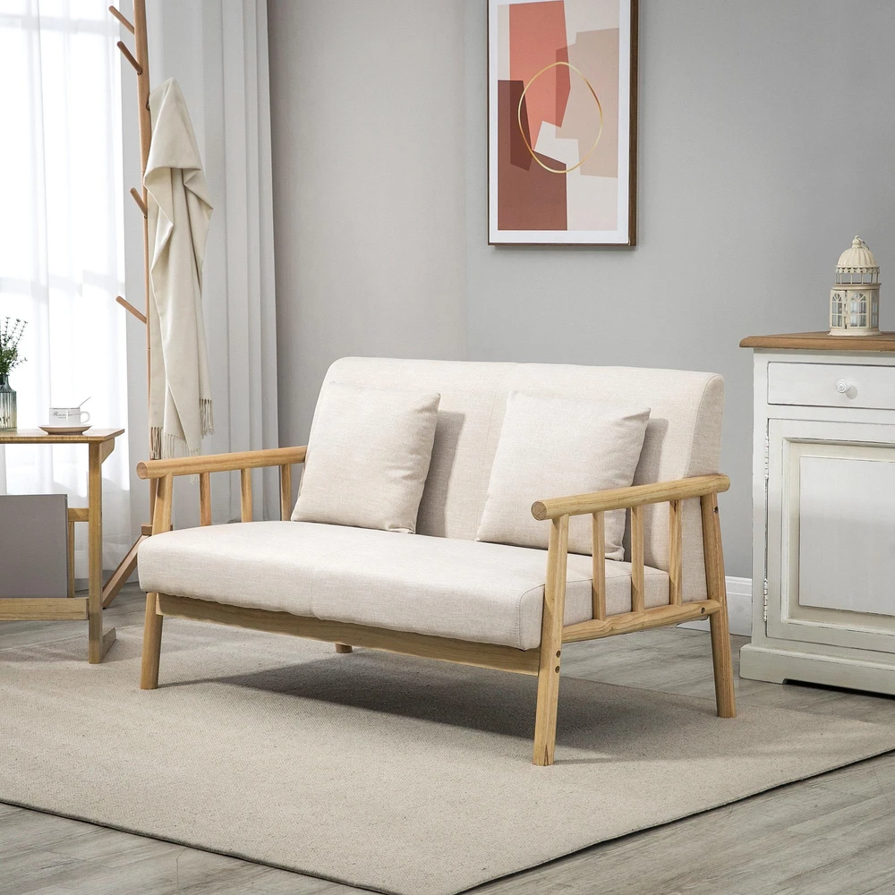 HOMCOM dvivietė sofa, 2 pagalvėlės juosmeniui, paminkštinta, medinis rėmas, lino išvaizda, mažiems kambariams, smėlio spalvos