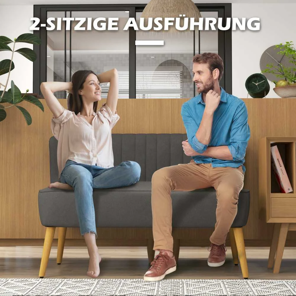 HOMCOM 2-vietė sofa, dvivietis suolo tipo krėslas, linų audinio išvaizda, medinės kojelės, iki 150 kg, tamsiai pilka, 117 x 56,5 x 77 cm