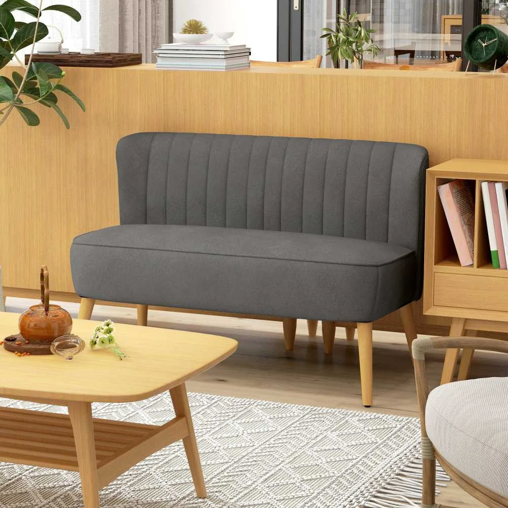 HOMCOM 2-vietė sofa, dvivietis suolo tipo krėslas, linų audinio išvaizda, medinės kojelės, iki 150 kg, tamsiai pilka, 117 x 56,5 x 77 cm