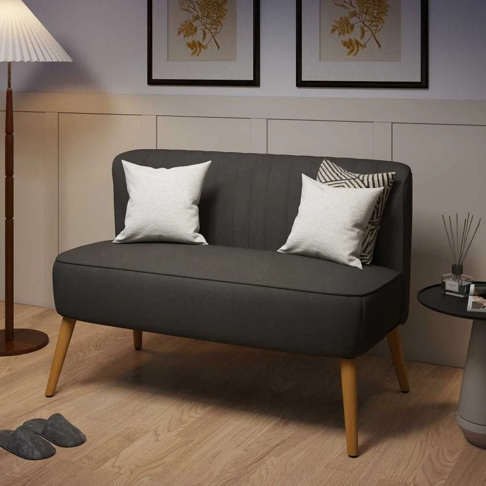 HOMCOM 2-vietė sofa, dvivietis suolo tipo krėslas, linų audinio išvaizda, medinės kojelės, iki 150 kg, tamsiai pilka, 117 x 56,5 x 77 cm