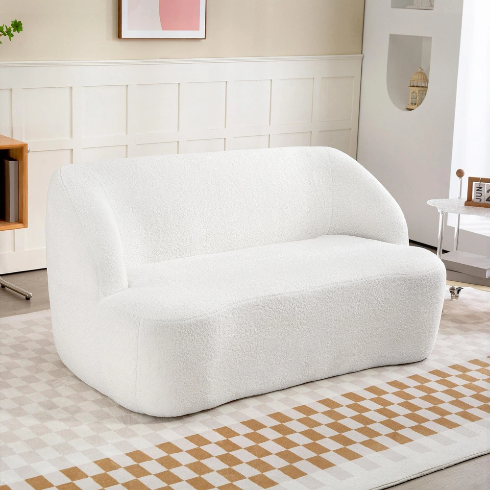 HOMCOM dvivietė sofa, išlenkto dizaino, paminkštinta sofa su fliso apmušalu, svetainei, miegamajam, namų biurui, kreminė balta