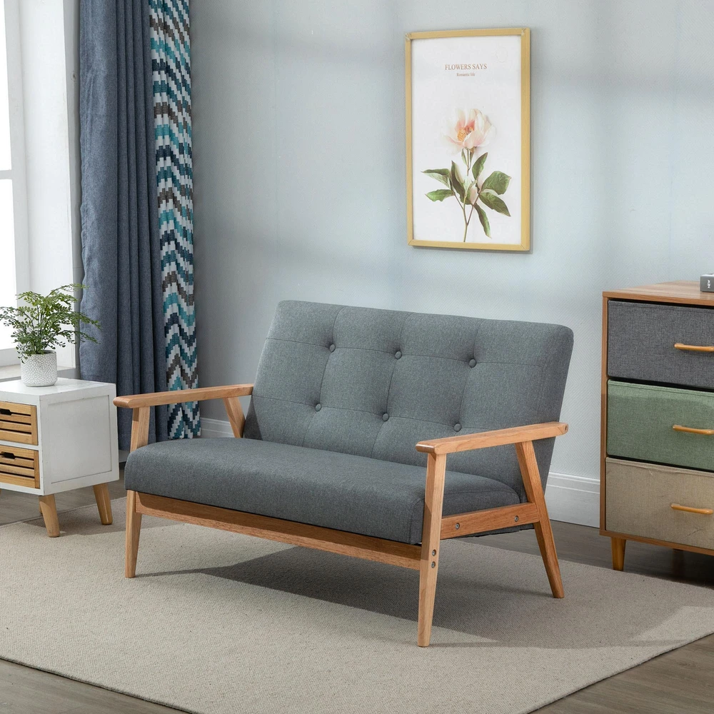 HOMCOM dvivietė sofa, kompaktiškas dizainas, audinio sofa, linas ir guminis medis, pilka, 115x66,5x73 cm