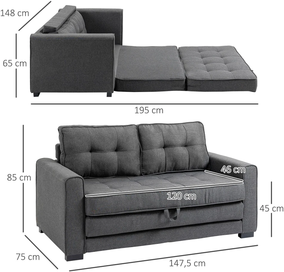 HOMCOM dvivietė sofa-lova, išlankstoma sofa su miegojimo funkcija, lino tekstūros audinys, kaučiukmedis, pilka, 147,5x75x85 cm