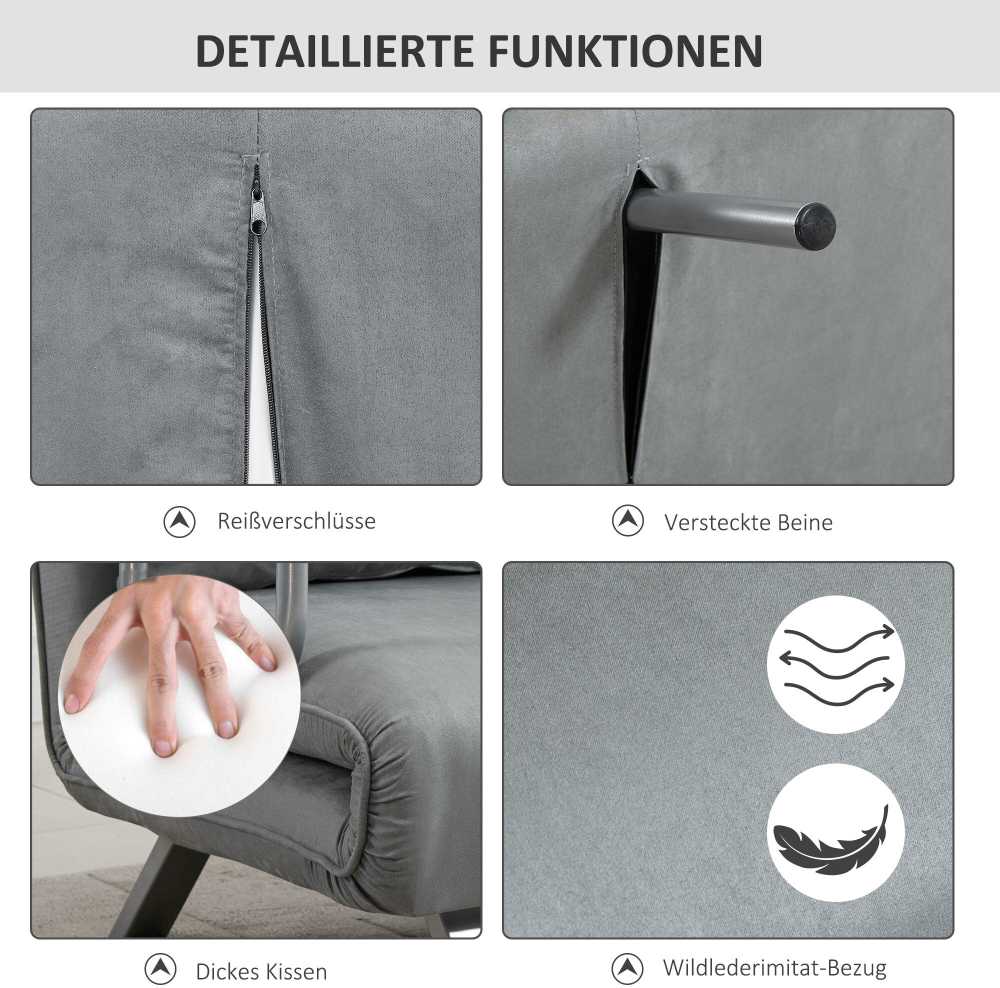 HOMCOM dvivietė sofa-lova su miegojimo funkcija ir pagalve, reguliuojama sofa, iki 150 kg, šviesiai pilka