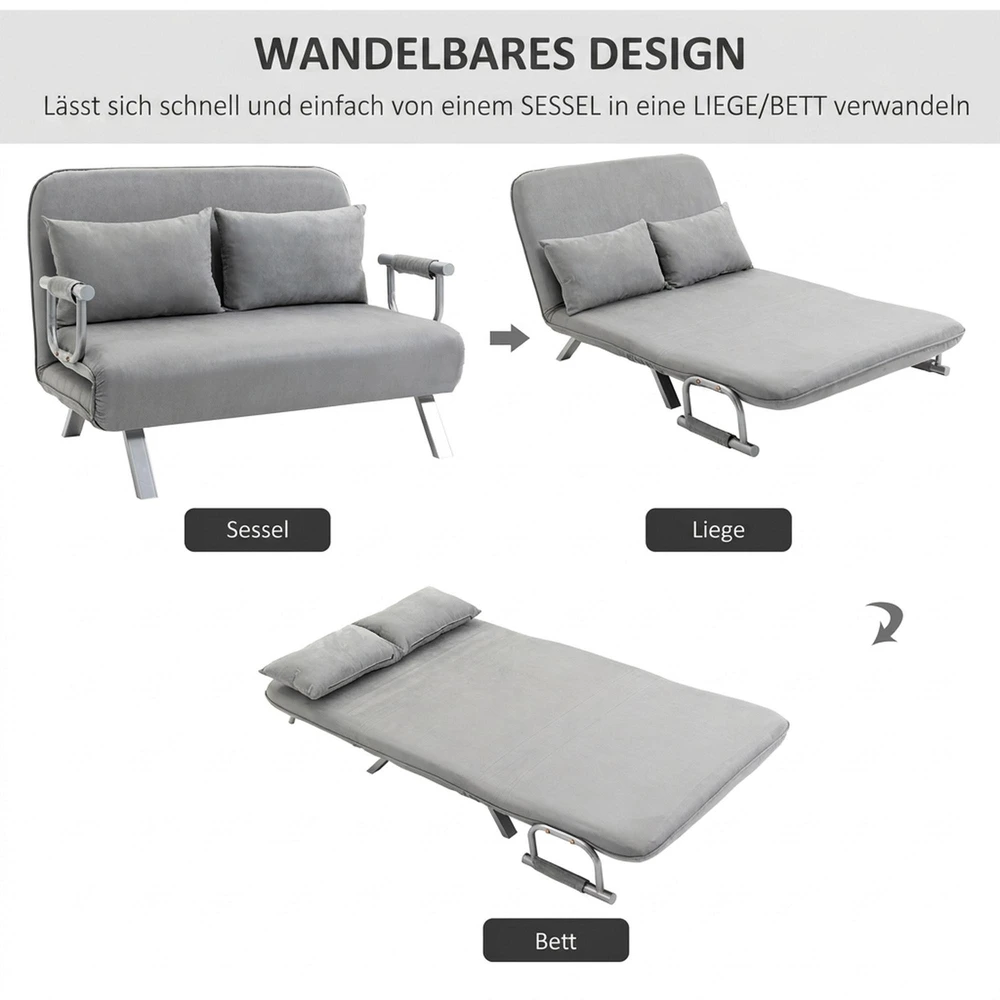 HOMCOM dvivietė sofa-lova su miegojimo funkcija ir pagalve, reguliuojama sofa, iki 150 kg, šviesiai pilka