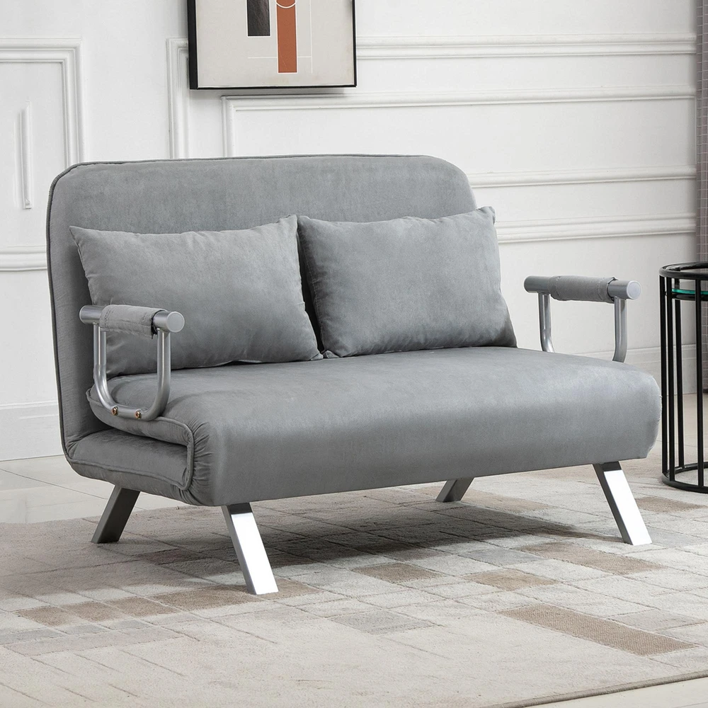 HOMCOM dvivietė sofa-lova su miegojimo funkcija ir pagalve, reguliuojama sofa, iki 150 kg, šviesiai pilka