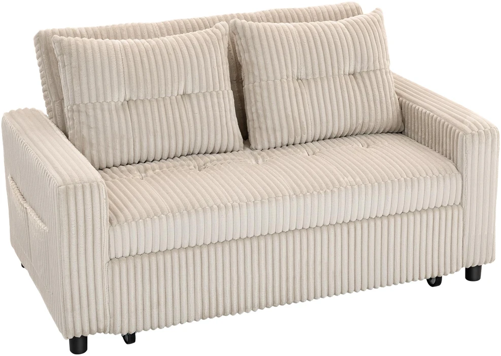 HOMCOM dvivietė sofa-lova, velvetinis užvalkalas, transformuojama į sofą-lovą, 2 pagalvės, šoninės kišenės, 157 x 190 cm, kreminė balta