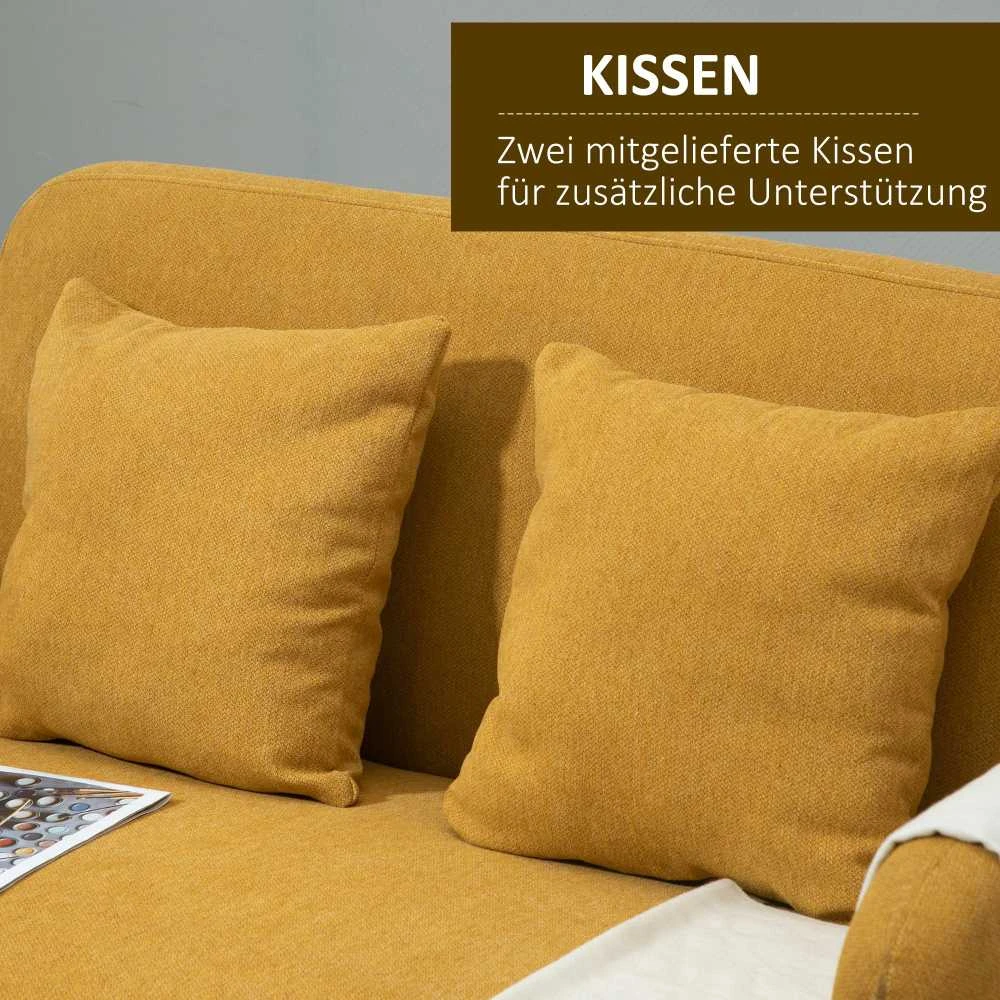 HOMCOM dvivietė sofa, loveseat su pagalvėmis, reguliuojamos pėdų atramos, veliūrinis poliesteris, porolonas, kompaktiško dizaino, 2 vietų, natūrali + geltona