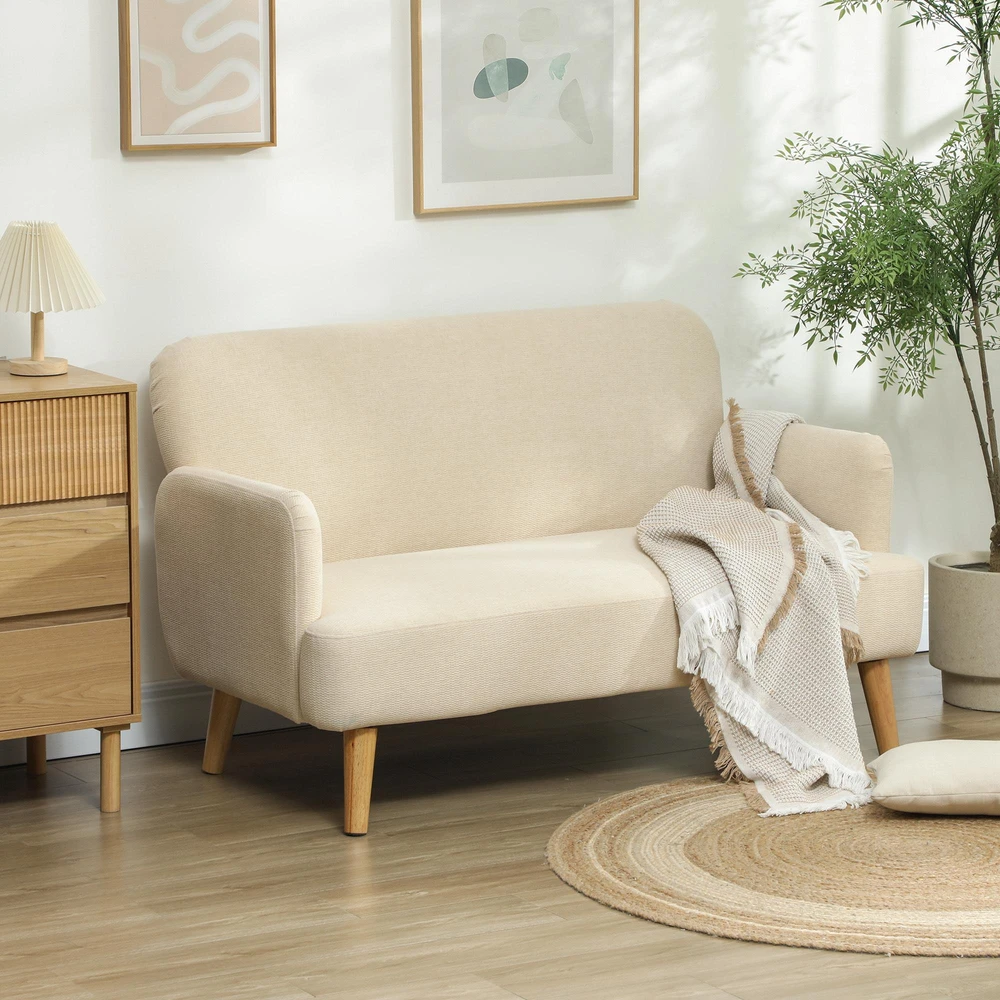 HOMCOM dvivietė sofa, maža sofa su aksomo efektu, medinės kojelės, paminkštinta sofa su porankiais svetainei, miegamajam, 130 x 74 x 79 cm, kreminė balta