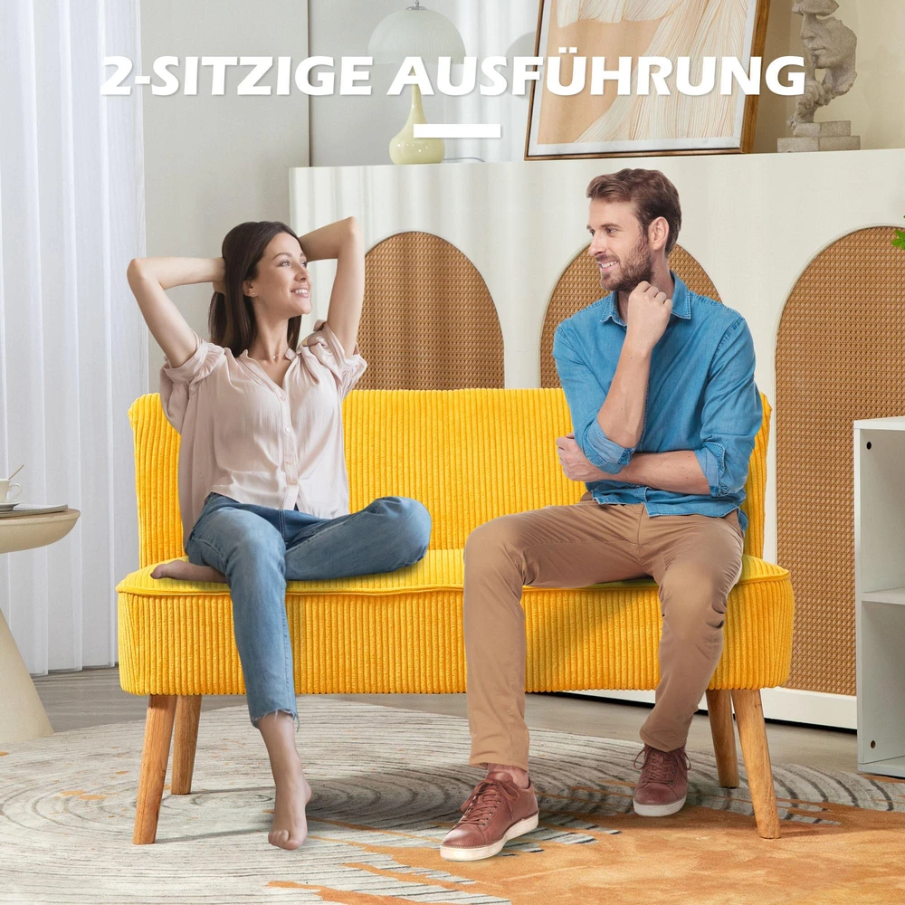 HOMCOM dvivietė sofa, minkšta sofa, dviguba sofa, gofruoto poliesterio ir porolono sofa svetainei, miegamajam, 117 x 56,5 x 77 cm, geltona