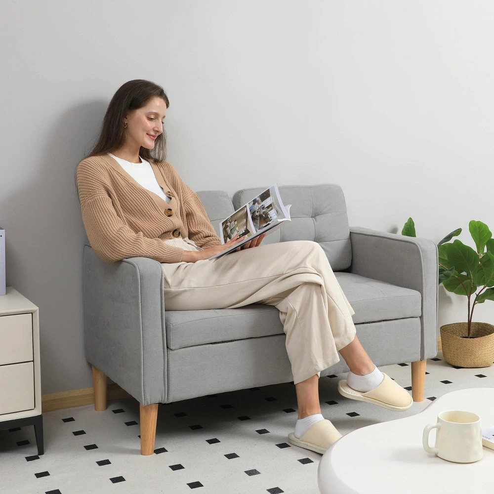 HOMCOM dvivietė sofa, sofa su daiktadėže, medinės kojelės, paminkštinta sofa, dvivietė sofa su aksomo efektu svetainei, miegamajam, 117 x 62 x 78 cm, šviesiai pilka | Aosom